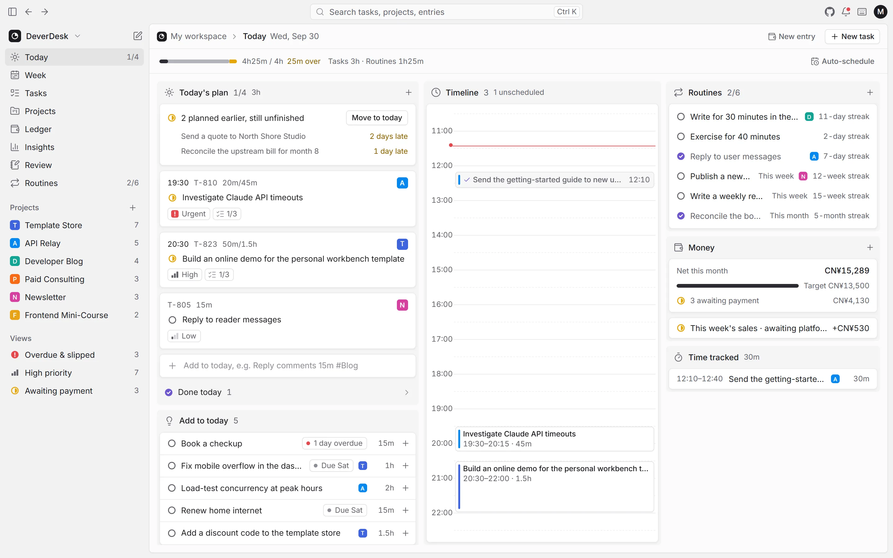 The DeverDesk Today view: today's plan, timeline, routines and this month's money